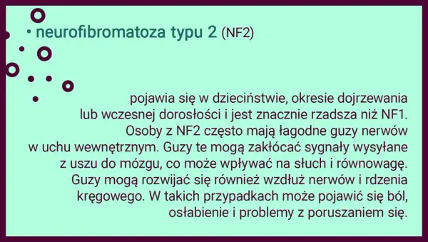 Neurofibromatoza typu 2 (NF2) to rzadsza odmiana choroby, która może objawiać się łagodnymi guzami nerwów, wpływając na słuch i równowagę.